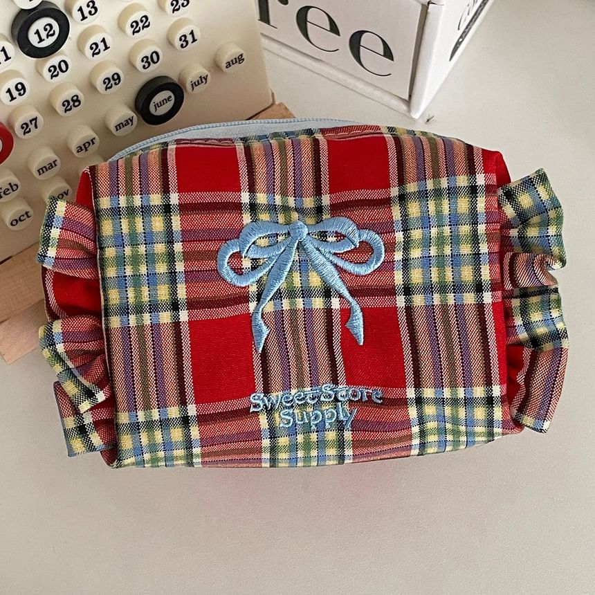 Bow Embroidered Plaid Coin Purse SpreePicky