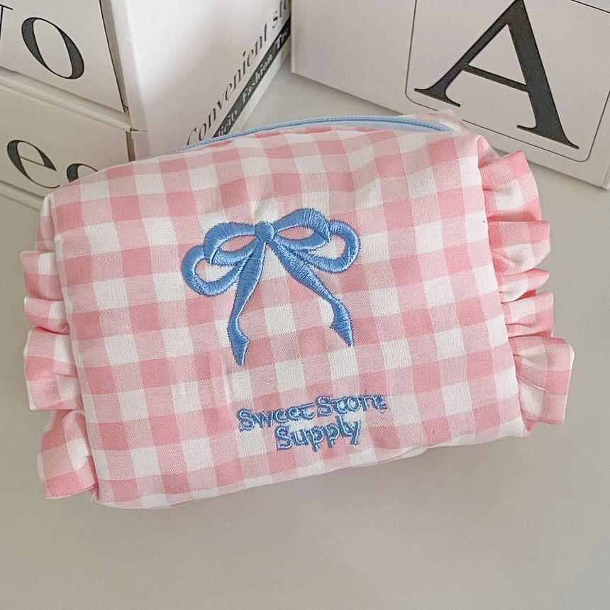 Bow Embroidered Plaid Coin Purse SpreePicky