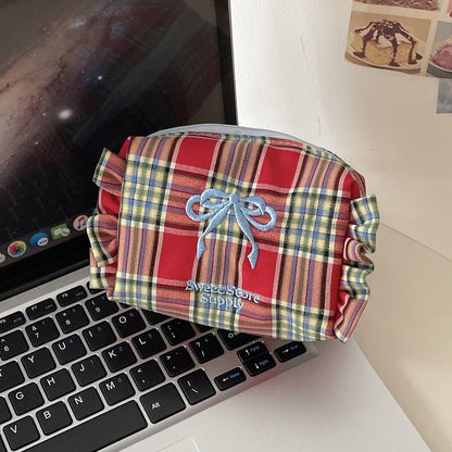 Bow Embroidered Plaid Coin Purse SpreePicky