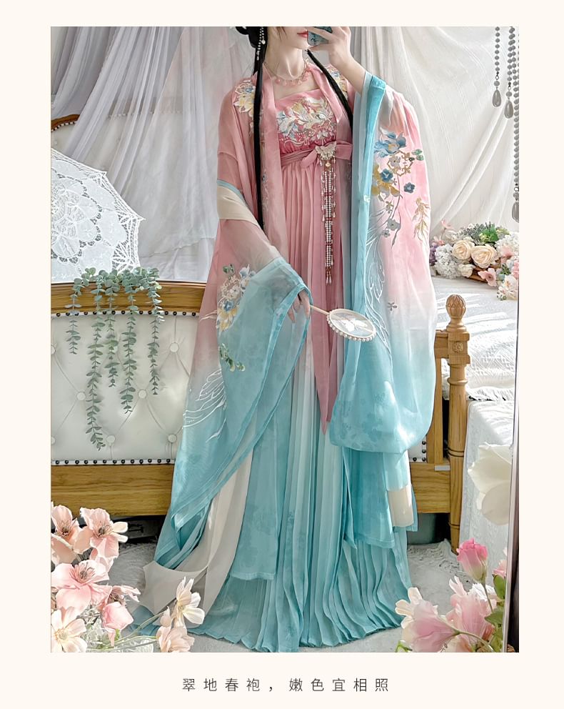 Floral Embroidered Hanfu Maxi Dress / Embroidered Light Jacket / Set SpreePicky