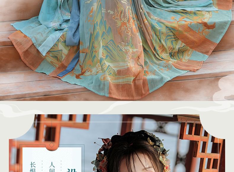 Set: Floral Embroidered Hanfu Maxi Dress + Long Light Jacket + Scarf + Fish Hanging Deco SpreePicky