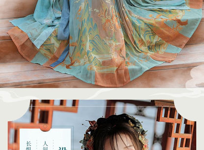 Set: Floral Embroidered Hanfu Maxi Dress + Long Light Jacket + Scarf + Fish Hanging Deco SpreePicky