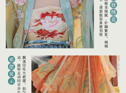 Set: Floral Embroidered Hanfu Maxi Dress + Long Light Jacket + Scarf + Fish Hanging Deco SpreePicky