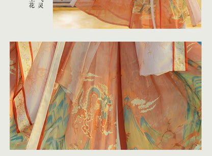 Set: Floral Embroidered Hanfu Maxi Dress + Long Light Jacket + Scarf + Fish Hanging Deco SpreePicky