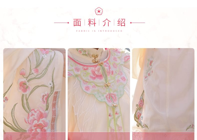 Set: Floral Embroidered Hanfu Long Blouse + Maxi Skirt + Scarf SpreePicky