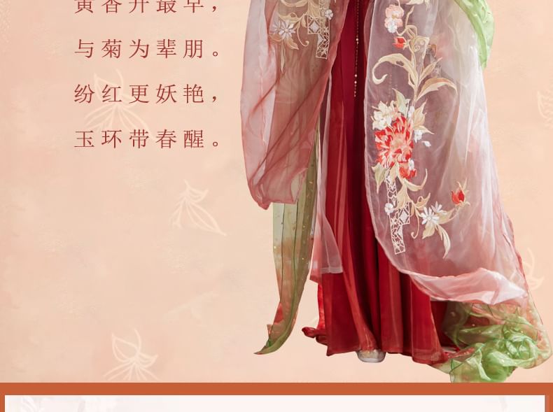 Set: Floral Embroidered Hanfu Maxi Dress + Long Light Jacket + Scarf SpreePicky