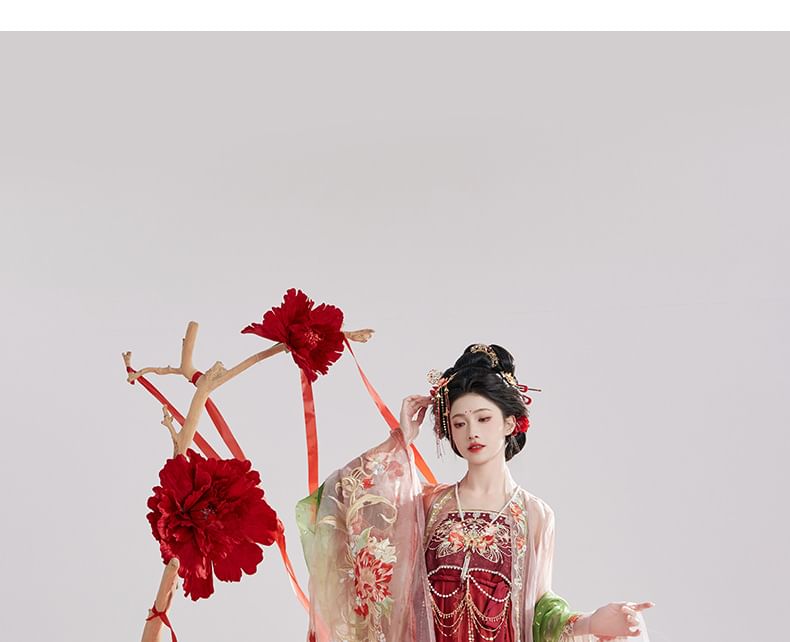 Set: Floral Embroidered Hanfu Maxi Dress + Long Light Jacket + Scarf SpreePicky