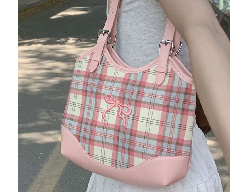 Bow Embroidered Plaid Panel Tote Bag SpreePicky