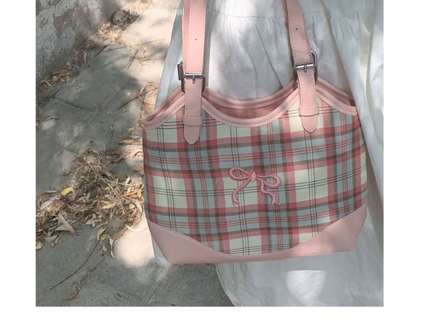 Bow Embroidered Plaid Panel Tote Bag SpreePicky