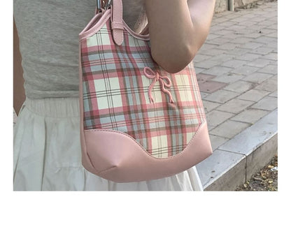 Bow Embroidered Plaid Panel Tote Bag SpreePicky