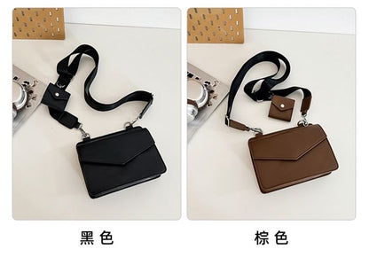 Set: Faux Leather Plain Flap Crossbody Bag + Coin Purse mySite