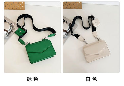 Set: Faux Leather Plain Flap Crossbody Bag + Coin Purse mySite