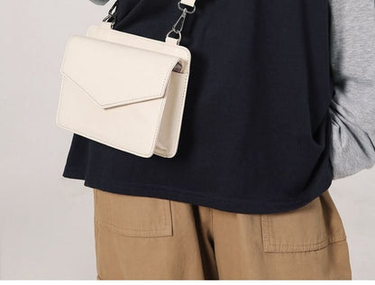 Set: Faux Leather Plain Flap Crossbody Bag + Coin Purse mySite