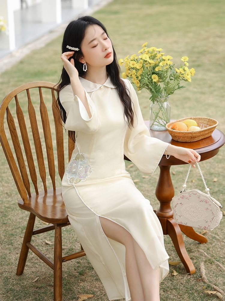 3/4-Sleeve Peter Pan Collar Floral Embroidered Slit Midi A-Line Dress SpreePicky