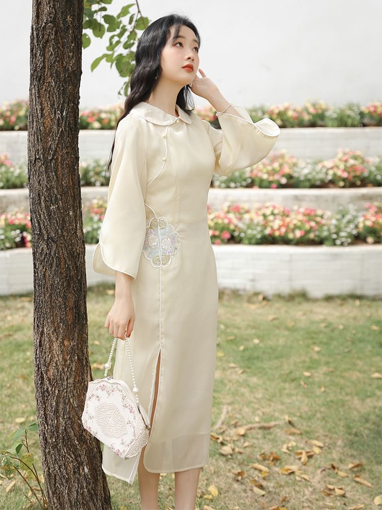 3/4-Sleeve Peter Pan Collar Floral Embroidered Slit Midi A-Line Dress SpreePicky