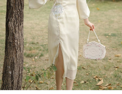 3/4-Sleeve Peter Pan Collar Floral Embroidered Slit Midi A-Line Dress SpreePicky