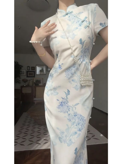 Short-Sleeve Stand Collar Floral Print Frog Buttoned Slit Midi Sheath Qipao SpreePicky