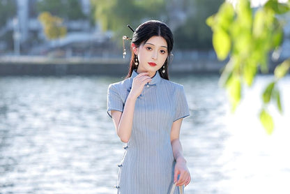 Short-Sleeve Stand Collar Striped Frog Buttoned Slit Midi Sheath Qipao SpreePicky