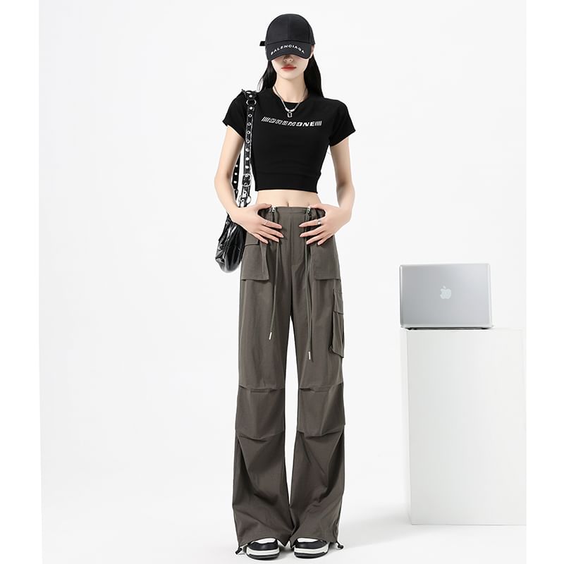 High Waist Drawstring Pocket Parachute Cargo Pants SpreePicky