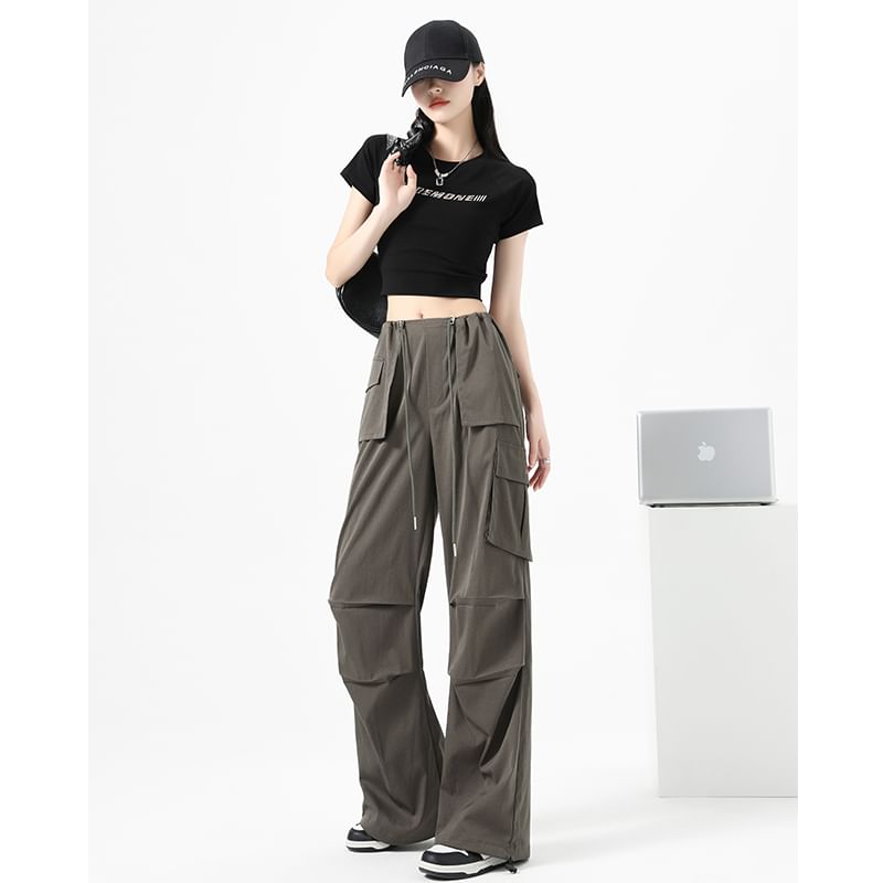 High Waist Drawstring Pocket Parachute Cargo Pants SpreePicky