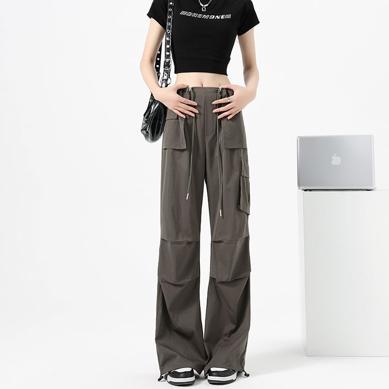 High Waist Drawstring Pocket Parachute Cargo Pants SpreePicky