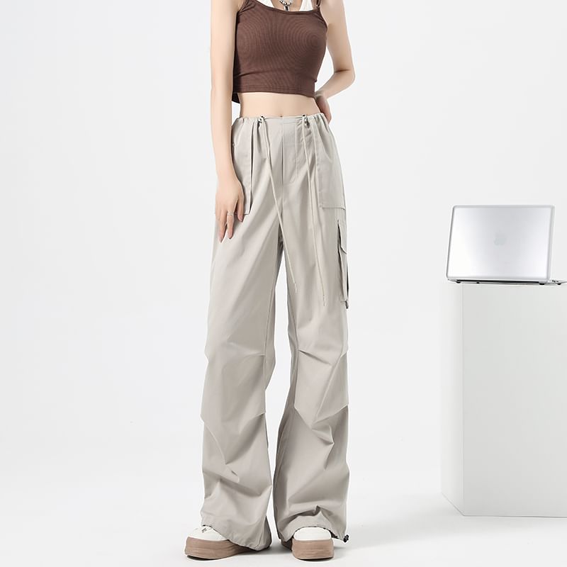 High Waist Drawstring Pocket Parachute Cargo Pants SpreePicky