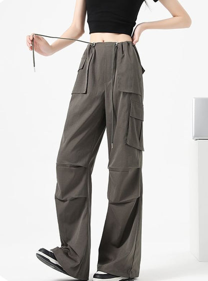 High Waist Drawstring Pocket Parachute Cargo Pants SpreePicky