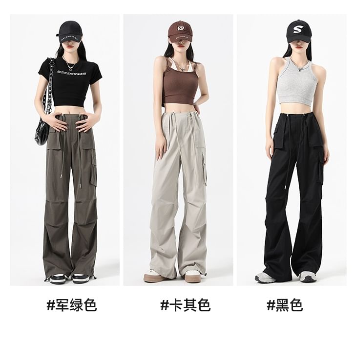 High Waist Drawstring Pocket Parachute Cargo Pants SpreePicky