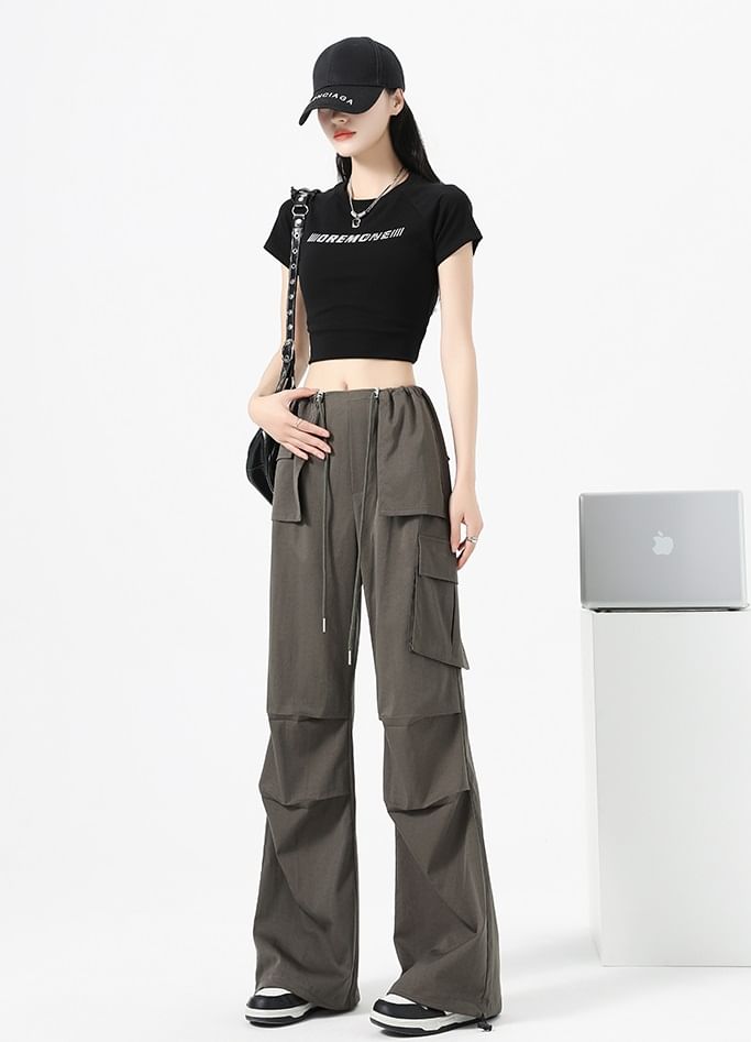 High Waist Drawstring Pocket Parachute Cargo Pants SpreePicky