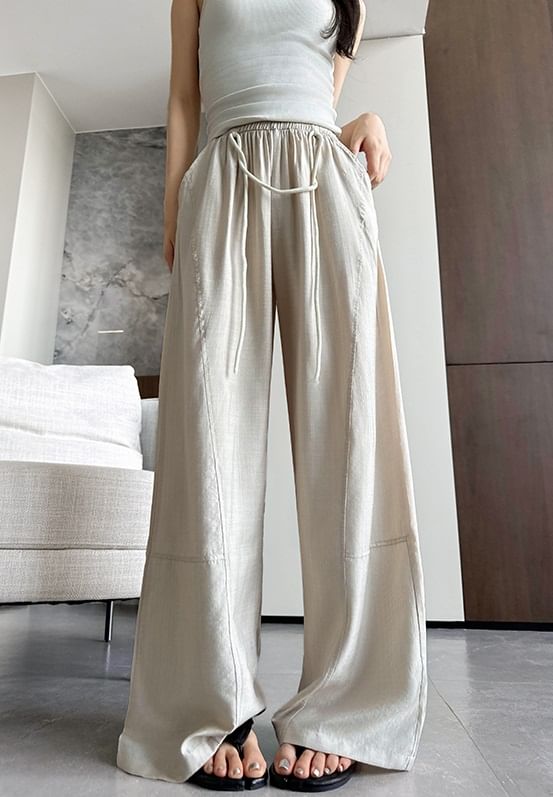 Contrast String High Rise Wide Leg Drape Pants SpreePicky