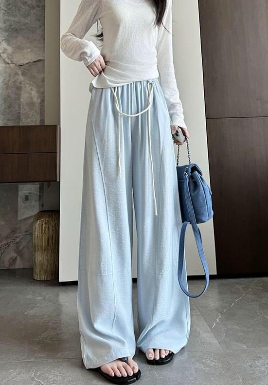 Contrast String High Rise Wide Leg Drape Pants SpreePicky