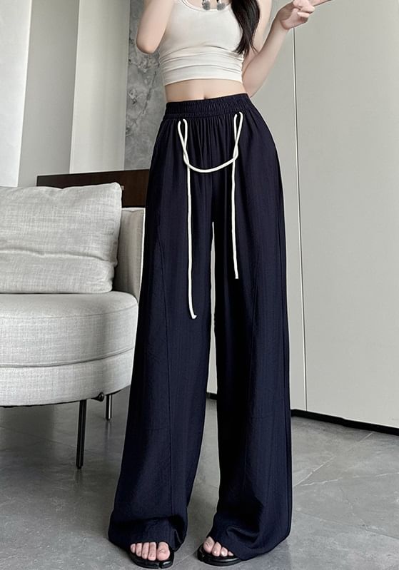 Contrast String High Rise Wide Leg Drape Pants SpreePicky