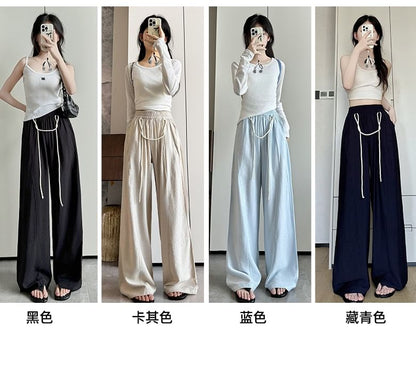 Contrast String High Rise Wide Leg Drape Pants SpreePicky