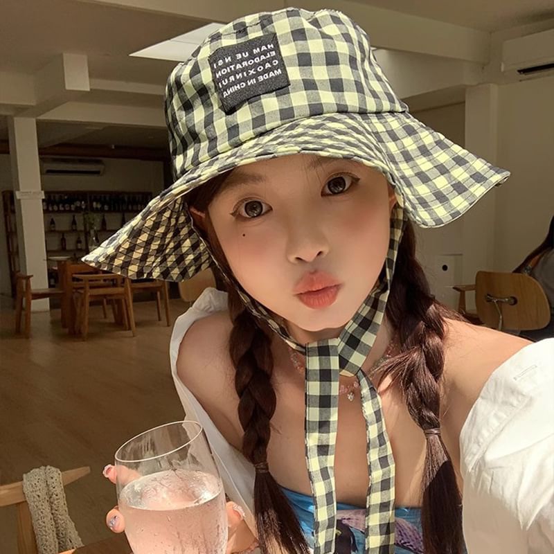 Checkered Cotton Bucket Hat With Chin Strap SpreePicky