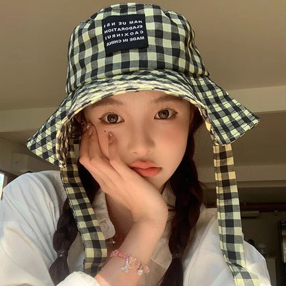 Checkered Cotton Bucket Hat With Chin Strap SpreePicky