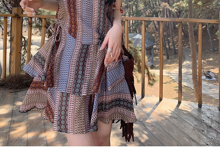 Spaghetti Strap Patterned Print Drawstring Ruffle Mini A mySite