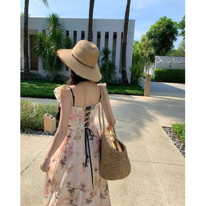 Ruffle Strap Floral Print Slit Midi Sundress SpreePicky