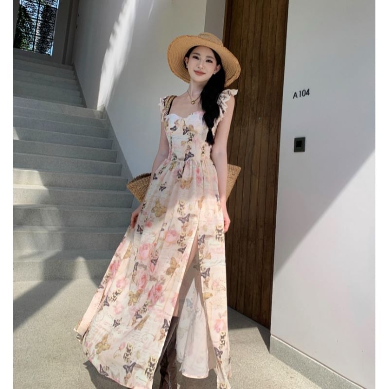 Ruffle Strap Floral Print Slit Midi Sundress SpreePicky