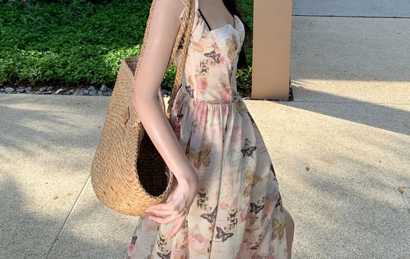 Ruffle Strap Floral Print Slit Midi Sundress SpreePicky