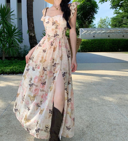 Ruffle Strap Floral Print Slit Midi Sundress SpreePicky