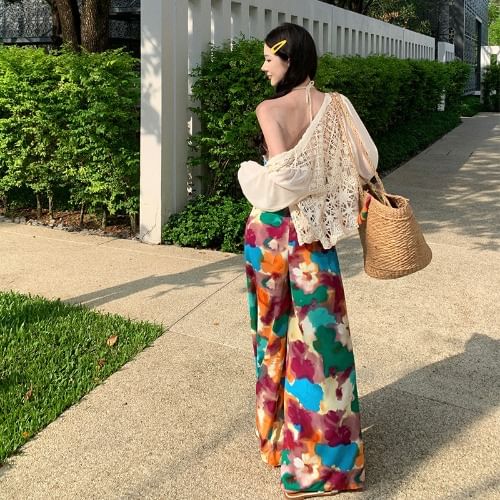 Plain Button-Up Jacket / High Rise Floral Print Wide Leg Pants SpreePicky