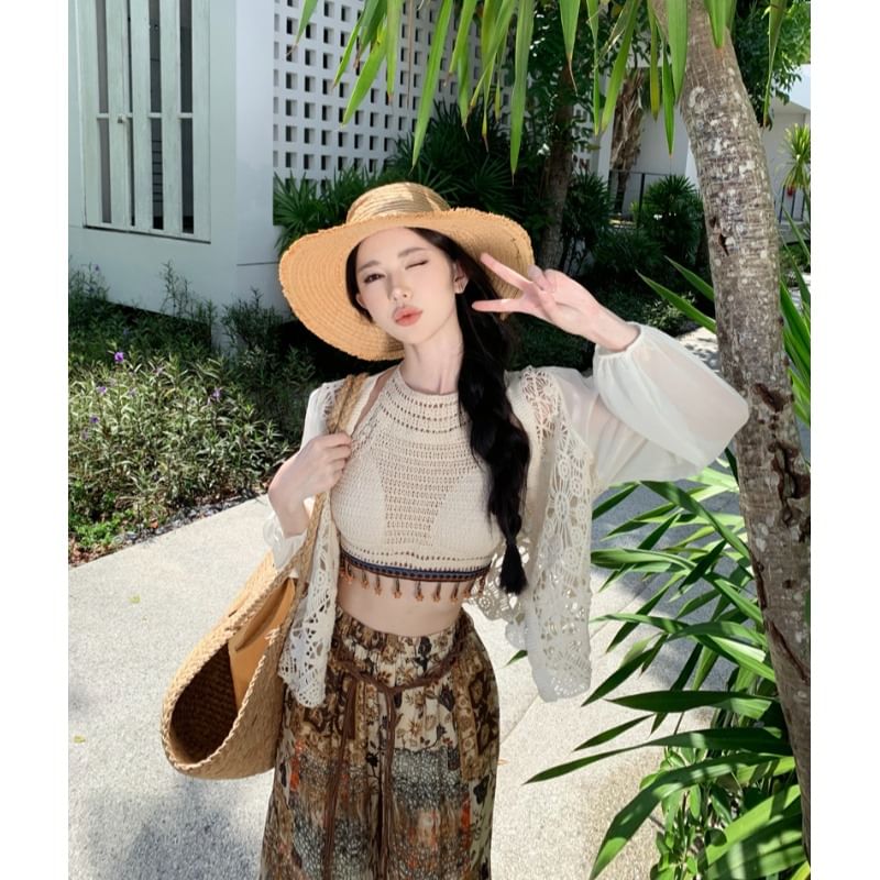 Puff-Sleeve Lace Jacket / High Waist Printed Wide Leg Pants SpreePicky