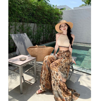 Puff-Sleeve Lace Jacket / High Waist Printed Wide Leg Pants SpreePicky