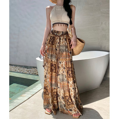 Puff-Sleeve Lace Jacket / High Waist Printed Wide Leg Pants SpreePicky