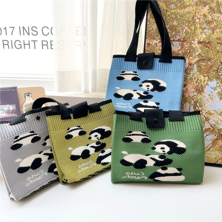 Checkered Knit Panda Tote Bag SpreePicky