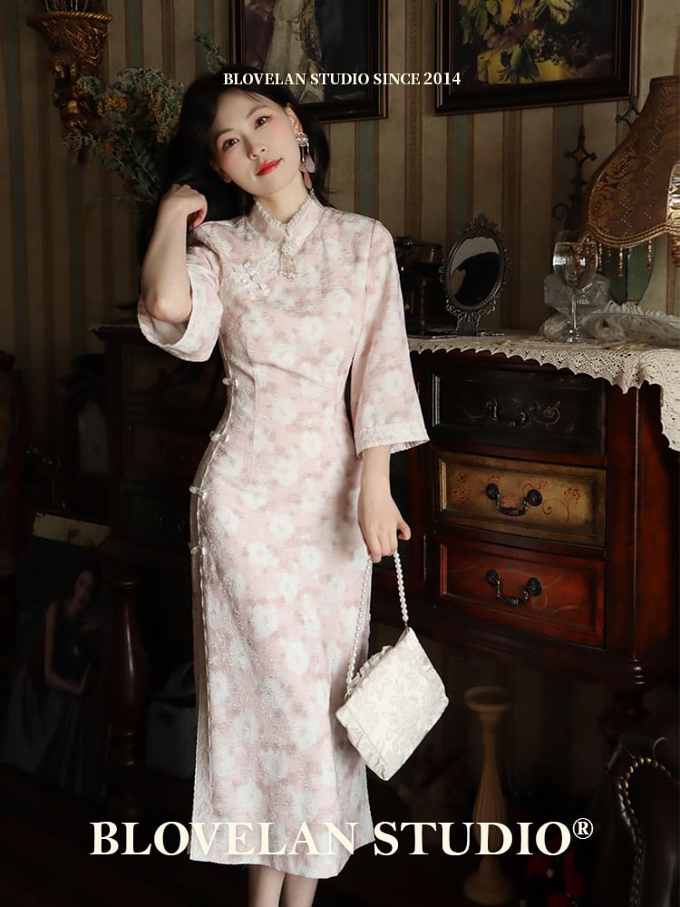 3/4-Sleeve Floral Print Jacquard Lace Trim Frog Buttoned Slit Midi Sheath Qipao SpreePicky