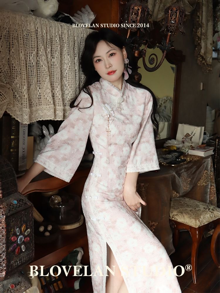 3/4-Sleeve Floral Print Jacquard Lace Trim Frog Buttoned Slit Midi Sheath Qipao SpreePicky