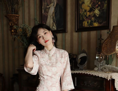 3/4-Sleeve Floral Print Jacquard Lace Trim Frog Buttoned Slit Midi Sheath Qipao SpreePicky