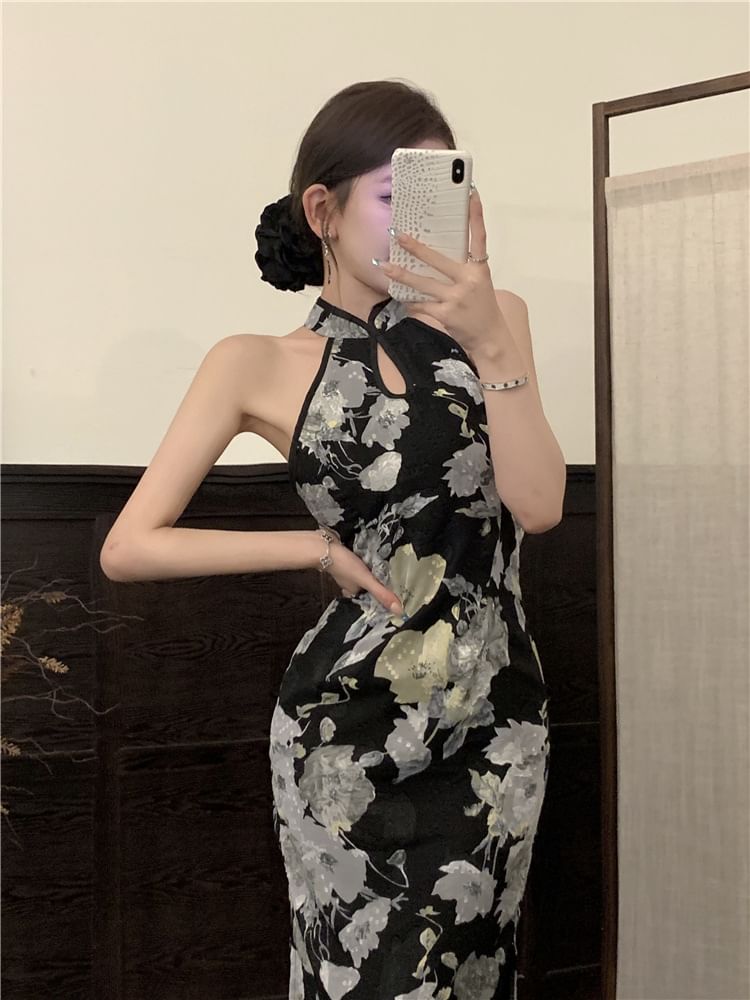 Halter Neck Stand Collar Floral Print Cutout Slit Midi Bodycon Dress SpreePicky