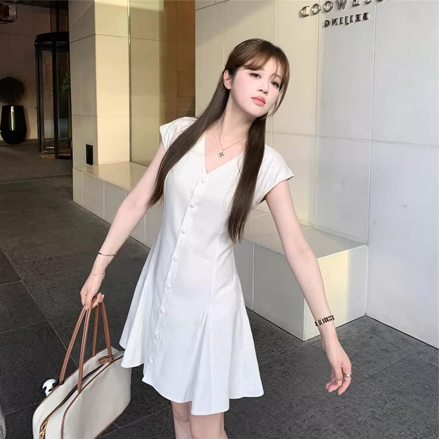 Cap-Sleeve V-Neck Plain Button A-Line Dress SpreePicky